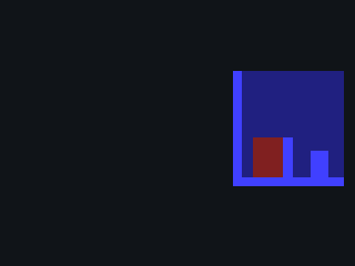 Omniweft revision 3: a minimal blue room fixture with two differently colored blocks for the table and stool, on the right of a dark frame.