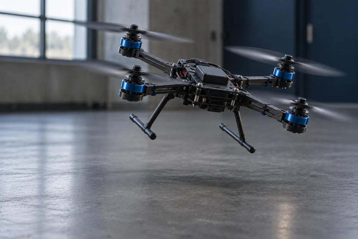 A realistic quadrotor in an indoor test space, illustrating the flight-simulation project.