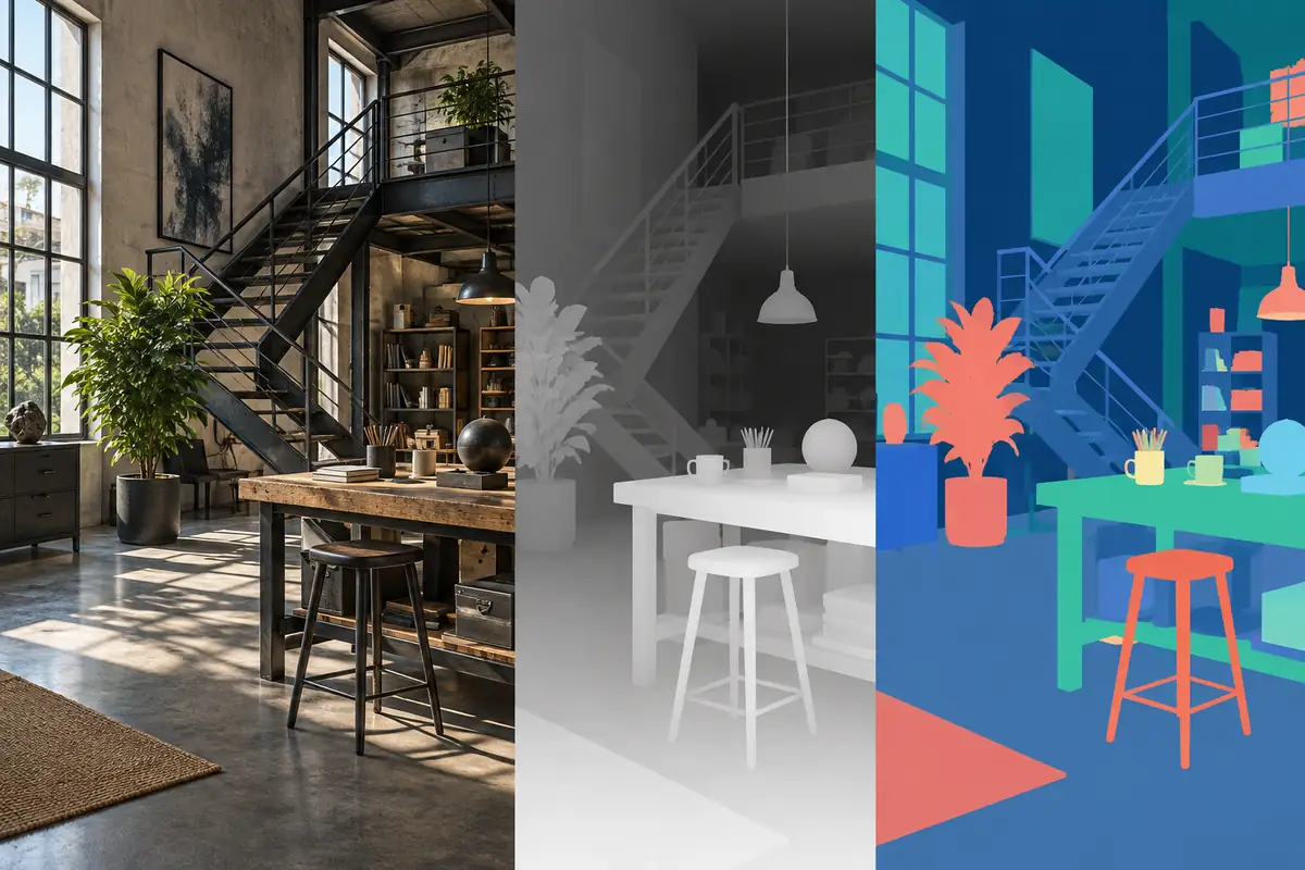 An industrial studio interpreted through realistic color, depth and object segmentation, expressing machine-readable scenes.