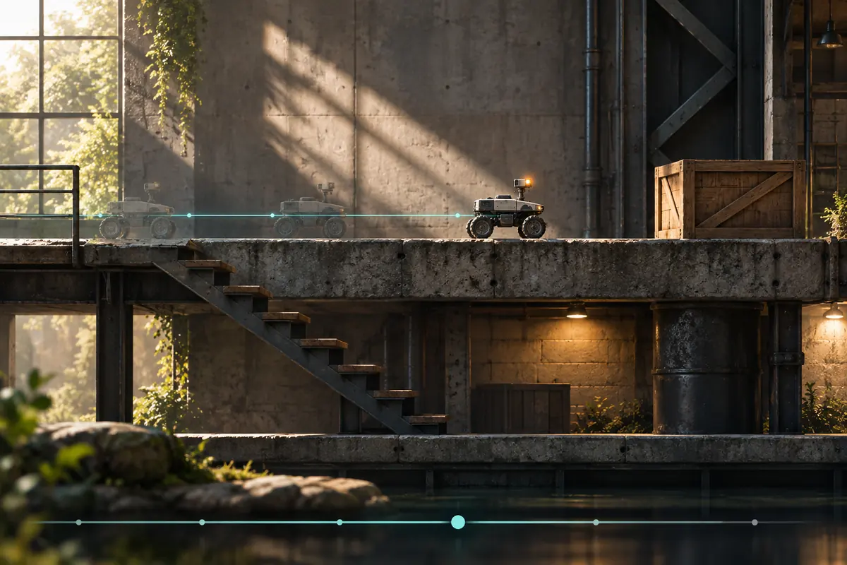 A realistic side-view platform world with a rover, prior motion positions and a replay timeline, expressing replayable 2D worlds.