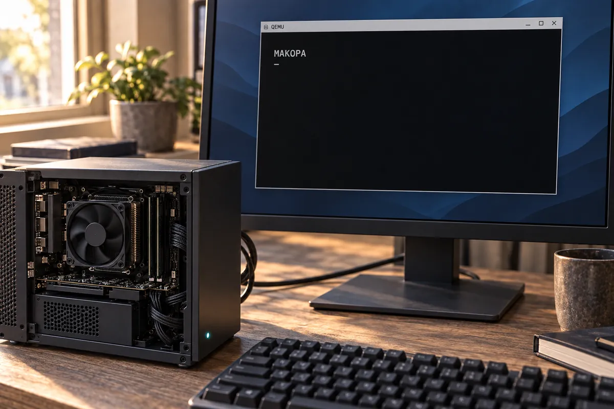 A complete development workstation displaying MAKOPA inside a QEMU boot window, with a cooled processor and connected host hardware.