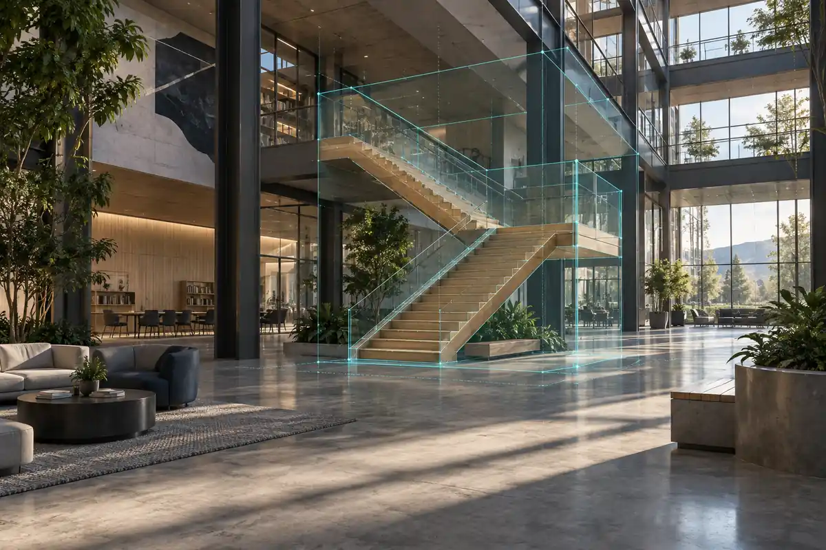 A sunlit architectural world with teal editing guides around a staircase, expressing programmable world-building.