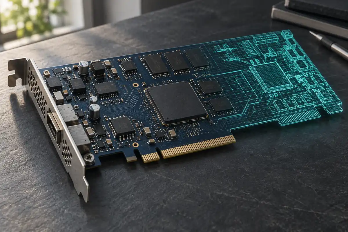 An educational PCI board transitioning from realistic components into a teal wireframe, illustrating virtual hardware in the Yocto and QEMU lab.